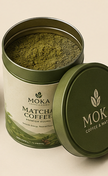 Moka tin, open — real stone-ground matcha inside
